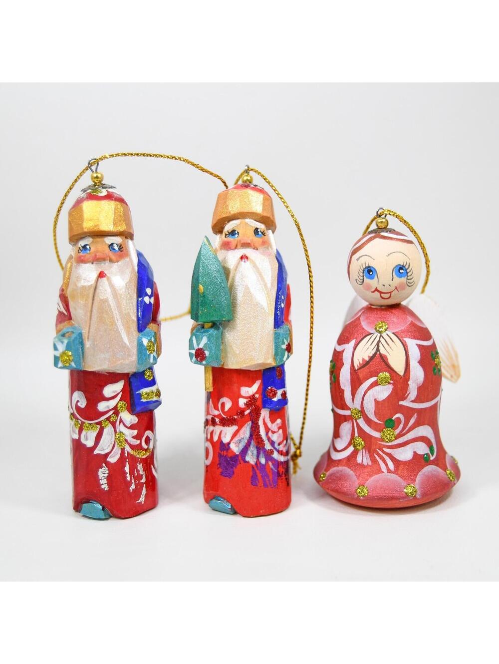 3 Russian Wood Hand Carved Painted Santa Claus Angel Christmas Ornament 3.5" VTG